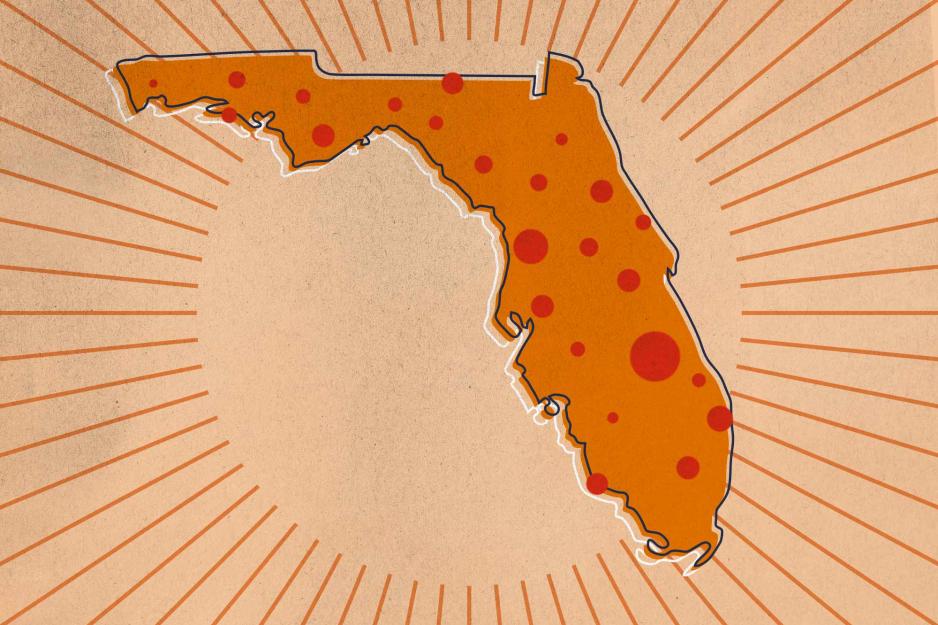 An illustration of the state of Florida with red spots all over it