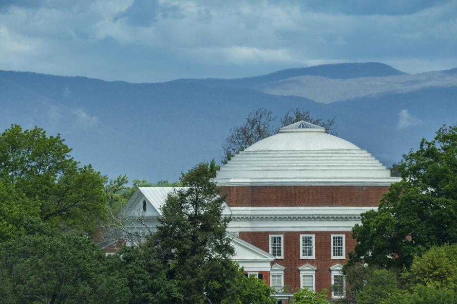 Image of the top of the Rotunda with mountains in the background