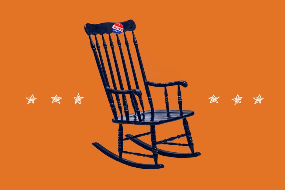 Rocking chair with an I Voted sticker on it