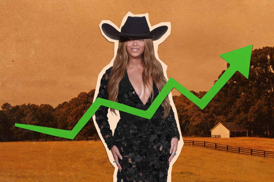 Photo illustration of Beyonce on a farm with a trending upward graphic