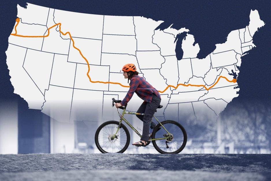 Photo of a Elli Welch riding her bicycle with an illustration of a map and her journey across the United States behind her