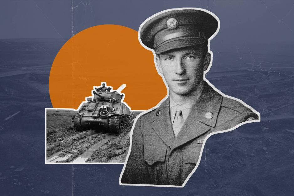 Illustration and photo collage that includes a young Frank Taylor in his uniform and a tank