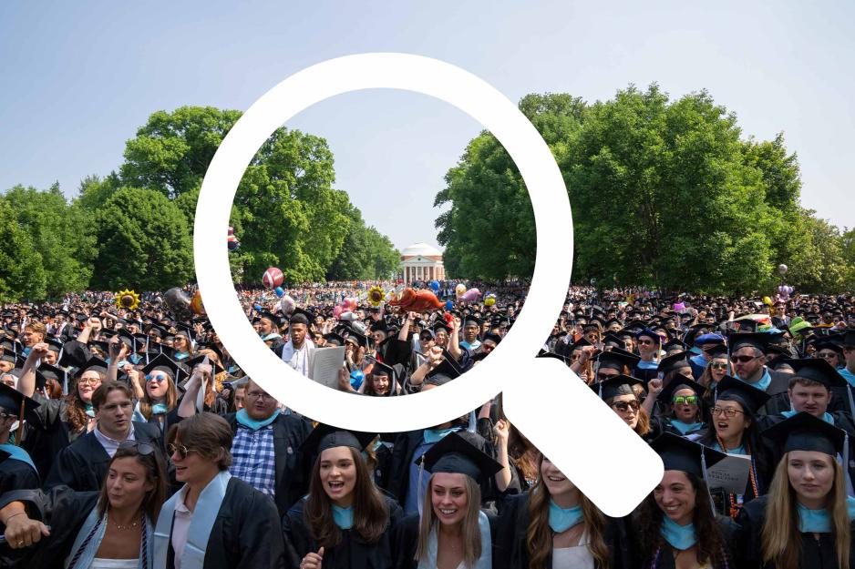 Illustration of a magnifying glass overlaying a photo of large crowd of students at final exercises 2023