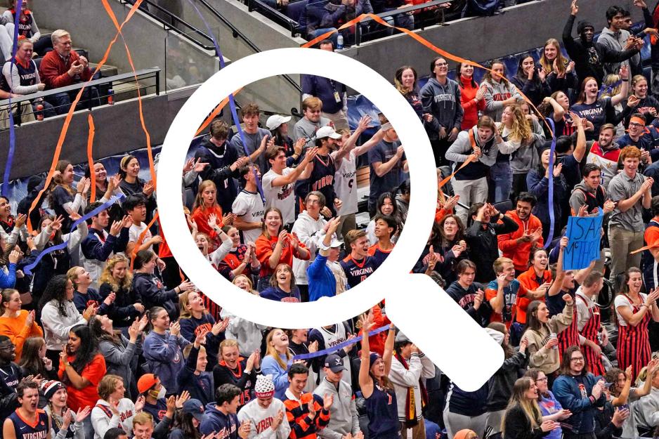 Illustration of a magnifying glass overlaying a photo of the student crowd at a men's basketball game