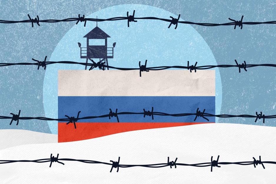 A graphic illustration of a barbwire fence in front of a prison wall and tower that is colored like the Russian flag