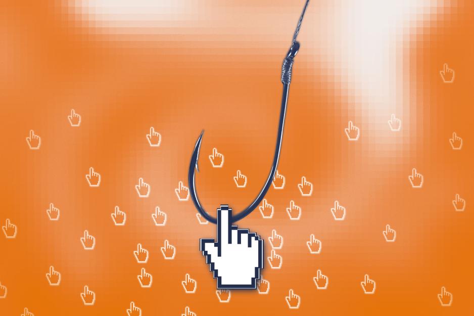 A mouse hand clicking on a fish hook on an orange background