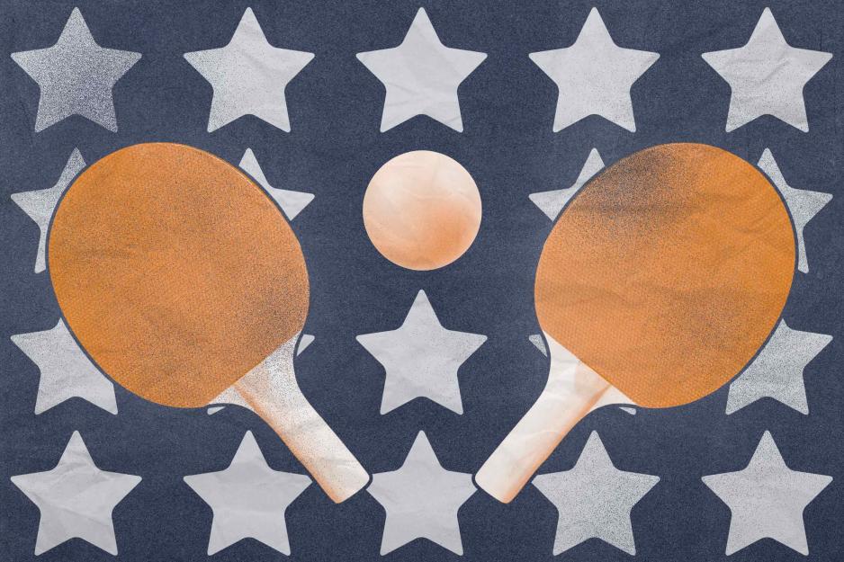 Ping pong paddles and ball over top an image of stars