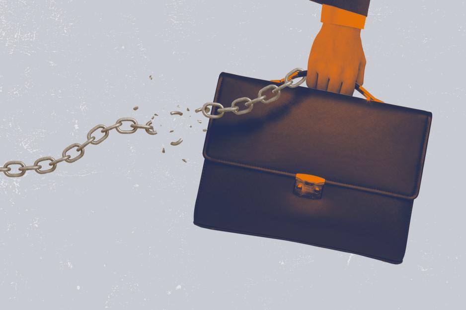 An illustration of an arm holding a suitcase with a breaking chain