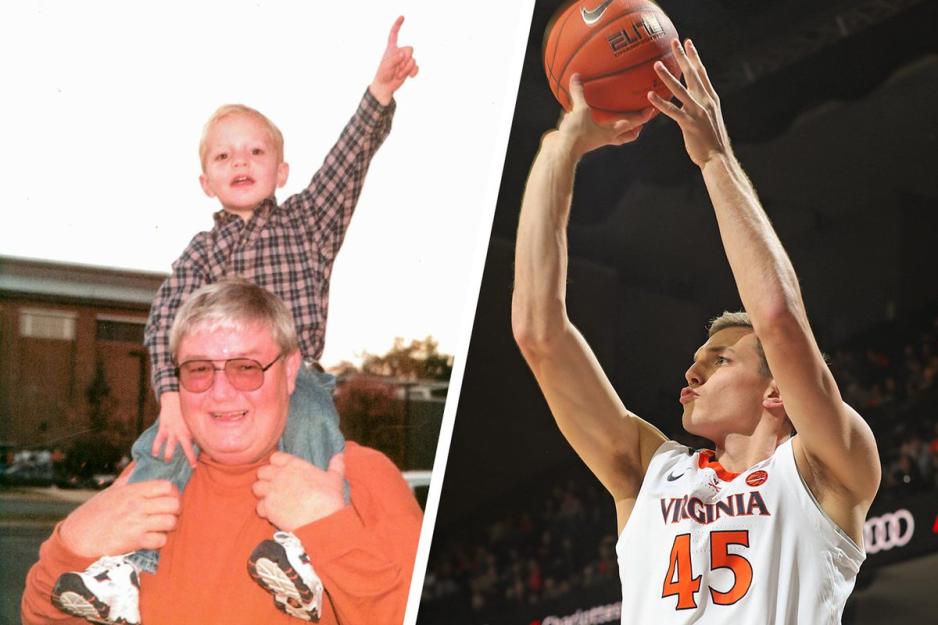 Left: Austin Katstra sitting on the shoulders of his grandfather. Right: Austin Katstra shooting a basketball during a game
