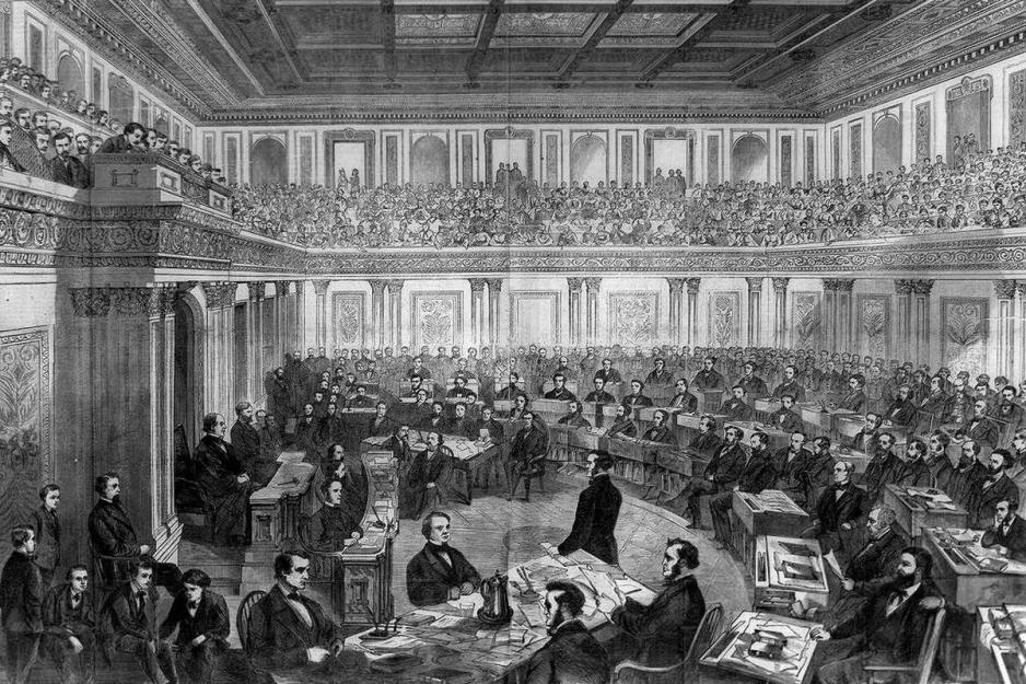 Black and white drawing of the US House of Representatives impeaching Andrew Johnson