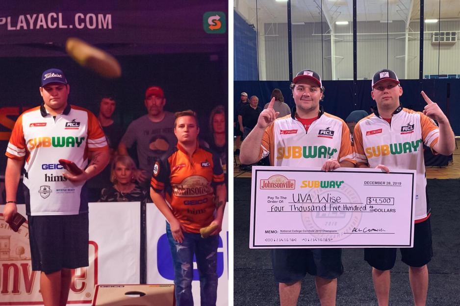 Left: Two players playing cornhole Right: Austin Schlobohm and Isaac Green holds a huge check for 4,500 dollars
