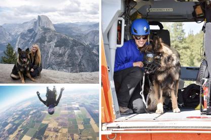 Collage of three photos of Shelby Wolfe. Top left is Wolfe and her dog on top of a mountain. Bottom left is Wolfe skydiving. Right is a photo of wolfe in a safety helmet posing with her dog.