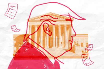An illustration of Donald Trump's side profile over the White House