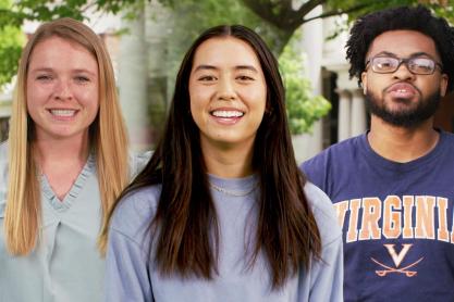 Portraits of three graduating students on the Lawn