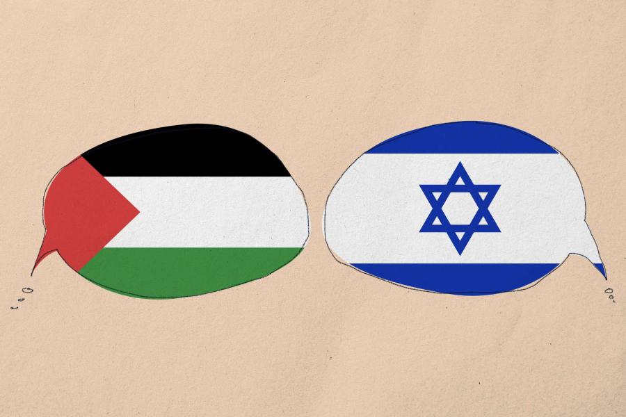 Two speech bubbles with the Palestine and Isreal flags inside each