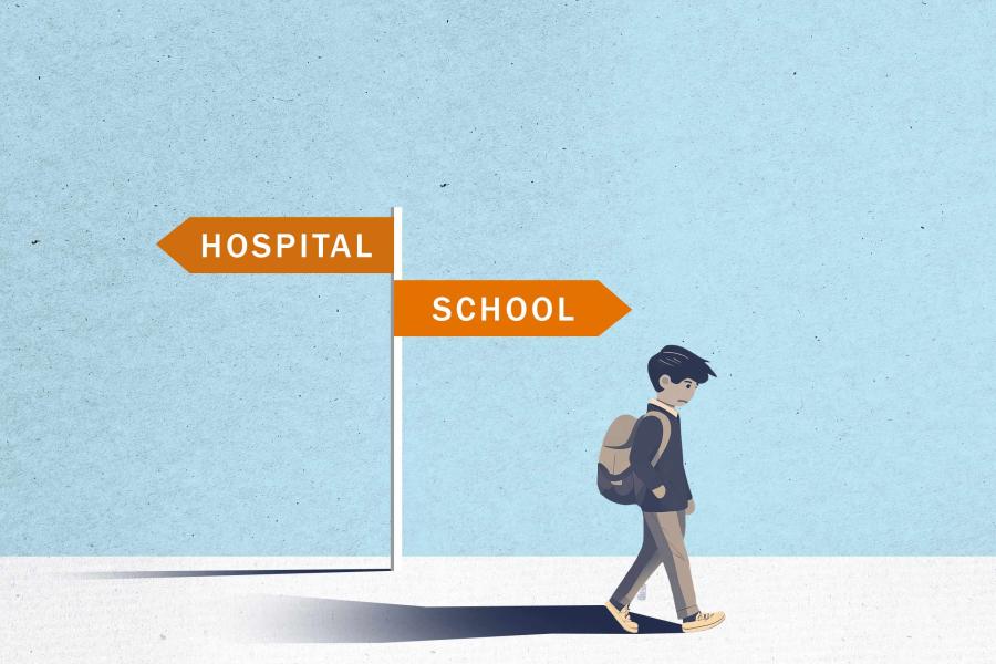 Sign post in two directions that reads hospital and school with a kid walking in the school direction