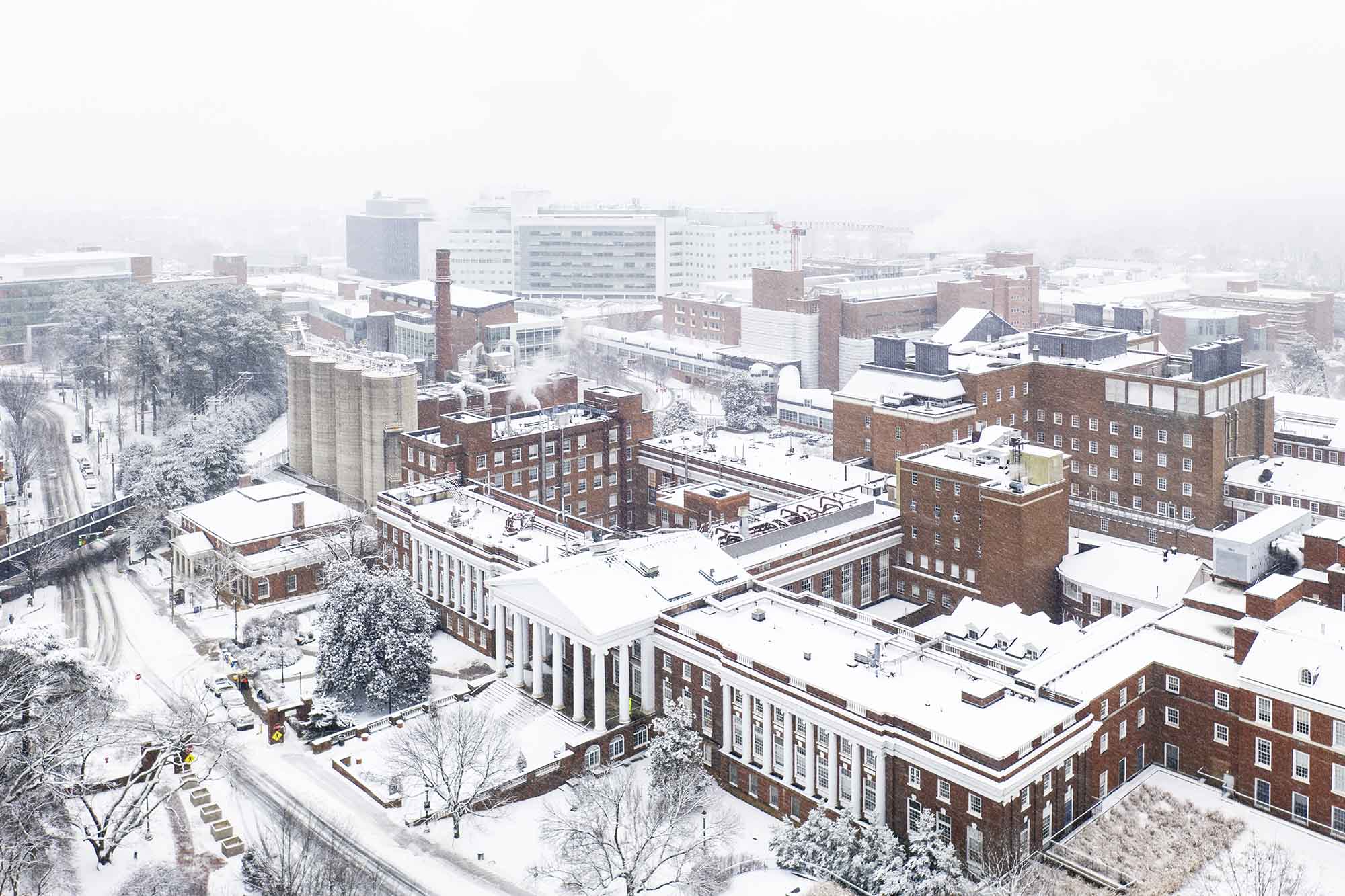 Arial view of UVA in the snow