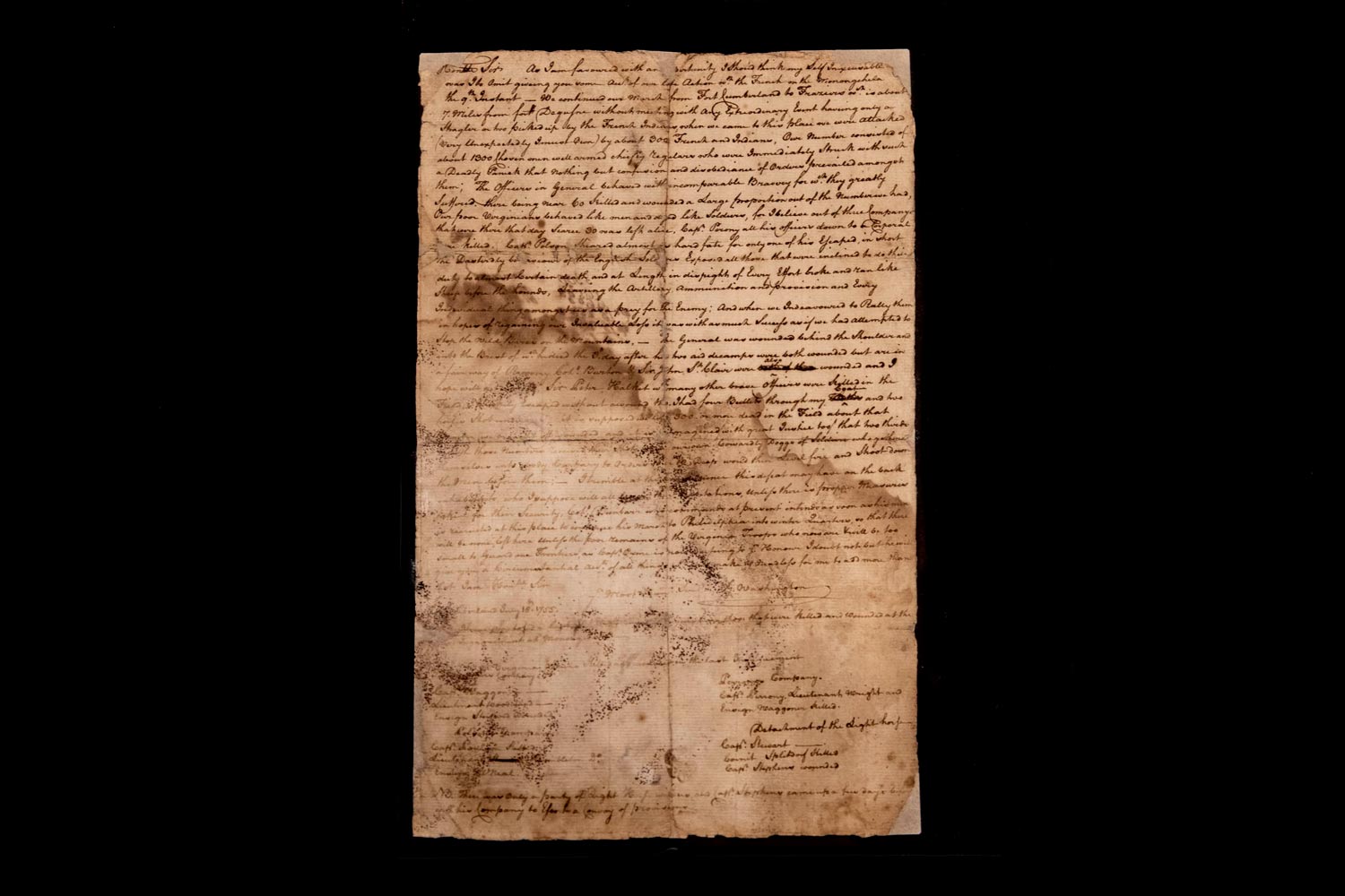 George Washington wrote this 1755 letter to Col. Gov. Robert Dinwiddie, detailing the defeat of Gen. Edward Braddock at the Battle of Monongahela. 