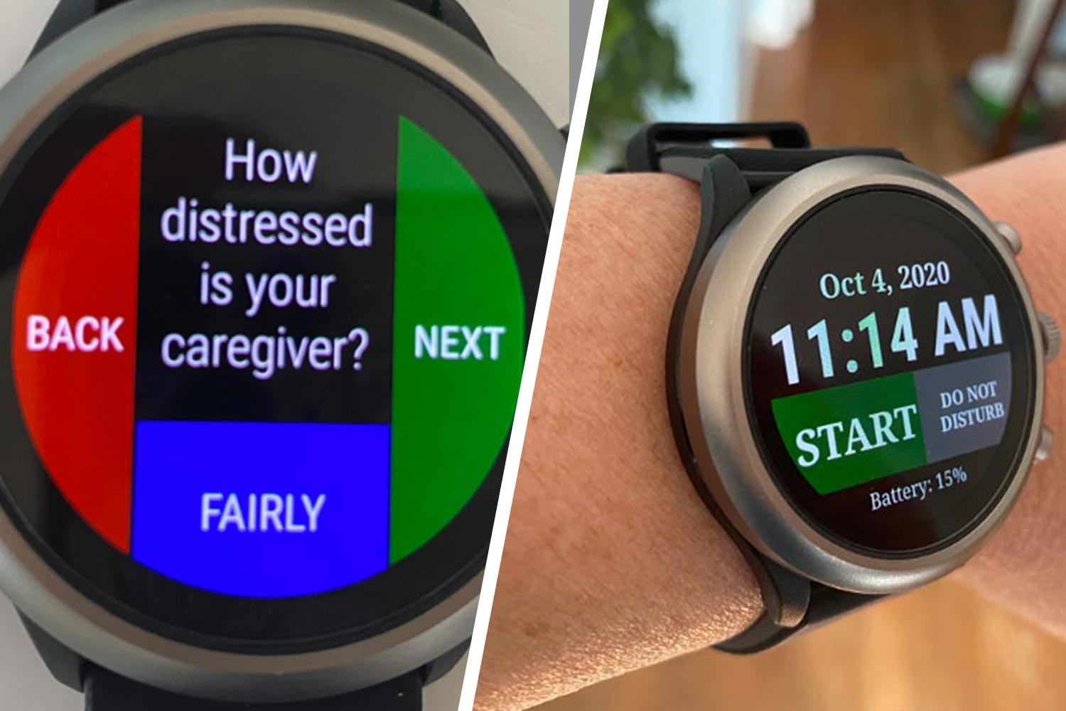 wearable smart watch sensors asking :how distressed is your caregiver, left, and wearable smart watch sensors telling the time