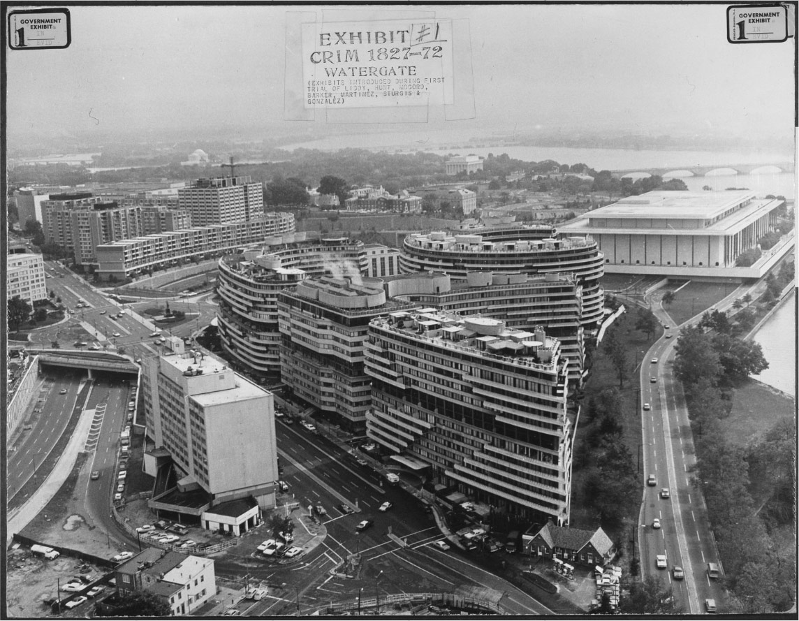 An aerial view of the Watergate Building in Washington, D.C., which housed in 1972 the headquarters of the Democratic National Committee.