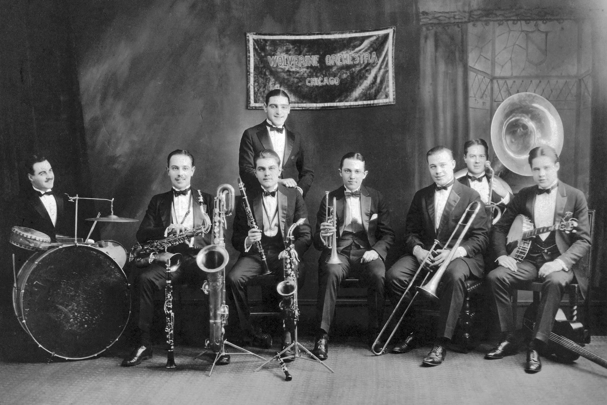 Bix Beiderbecke (center, with trumpet) and the Wolverines  pose for a picture