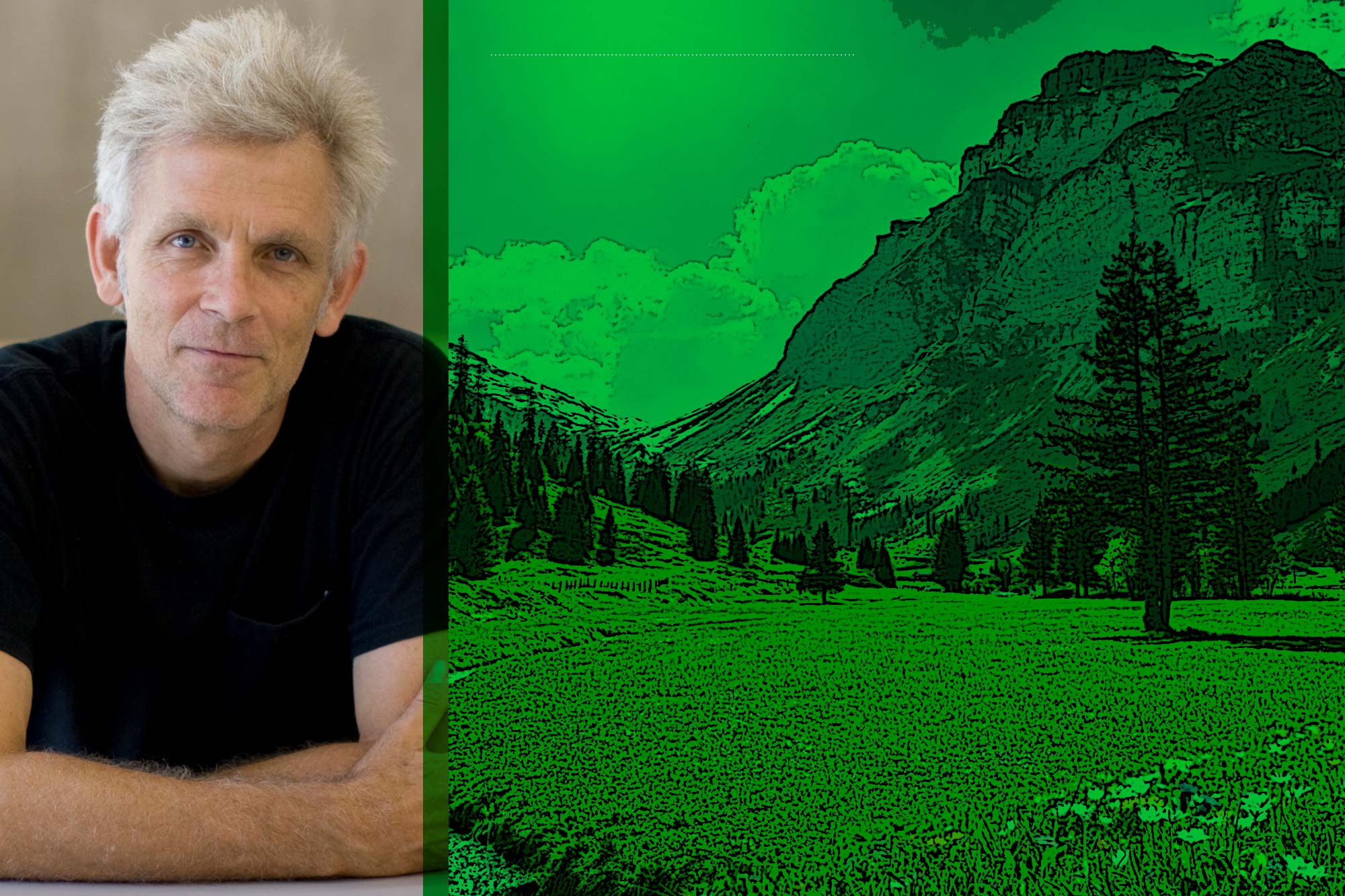 Left: William Wylie headshot Right: Mountain landscape that has an overlay of medium green