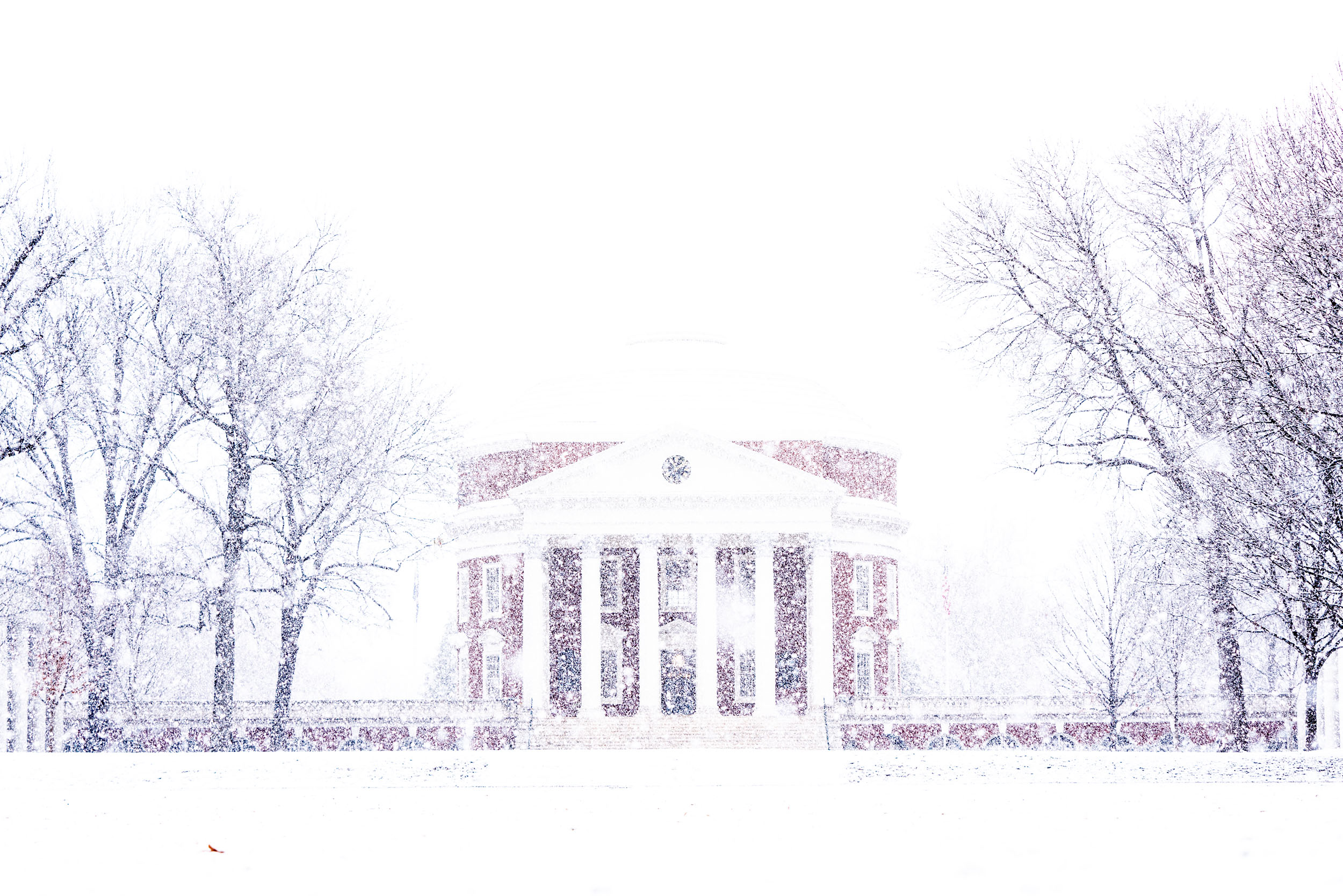 The Rotunda and the Lawn as it is snowing
