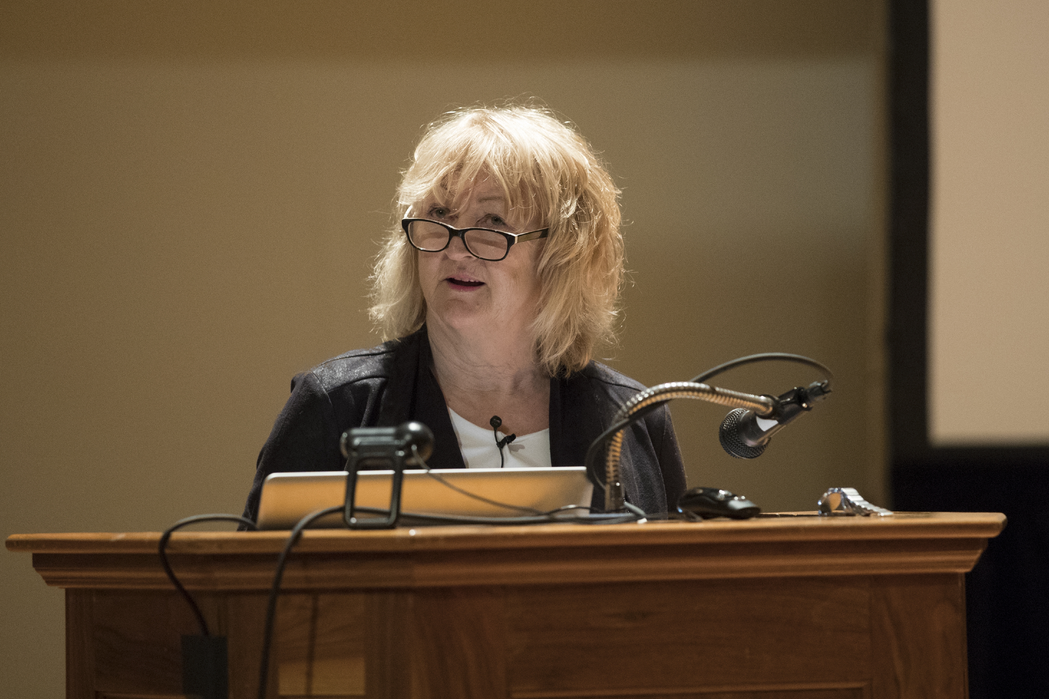 Yvonne Farrell spoke in Old Cabell Hall on Thursday. (Photo by Dan Addison, University Communications)