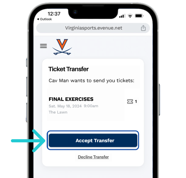 Arrow pointing to the Accept Transfer button in the Virginia Sports My Account site on a phone