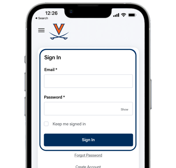 The login screen on a phone for the Virginia Sports My Account site