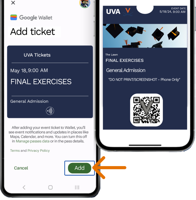 Arrow pointing to Add button in the Virginia Sports My Account site on a phone and a screenshot of an electronic ticket
