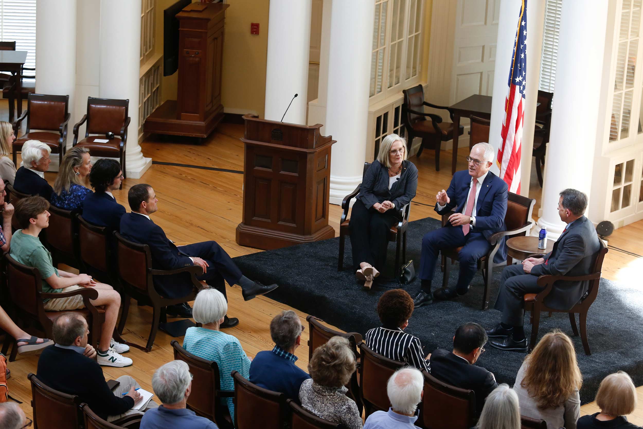 Lucy and Malcolm Turnbull joined Vice Provost Steve Mull for a discussion about the future of democracy and related topics in the Rotunda Dome Room. 