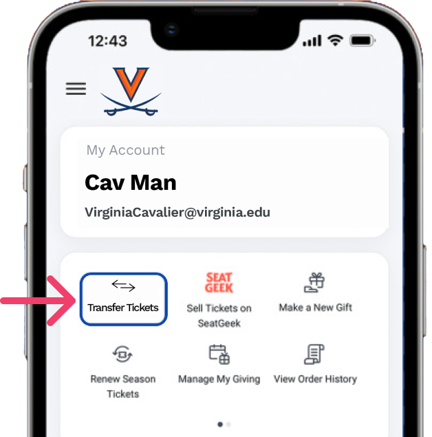 Arrow pointing to the Transfer Tickets button in the Virginia Sports My Account site on a phone