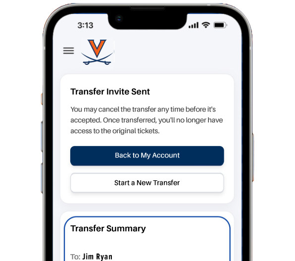 The Transfer Invite confirmation screen in the Virginia Sports My Account site on a phone