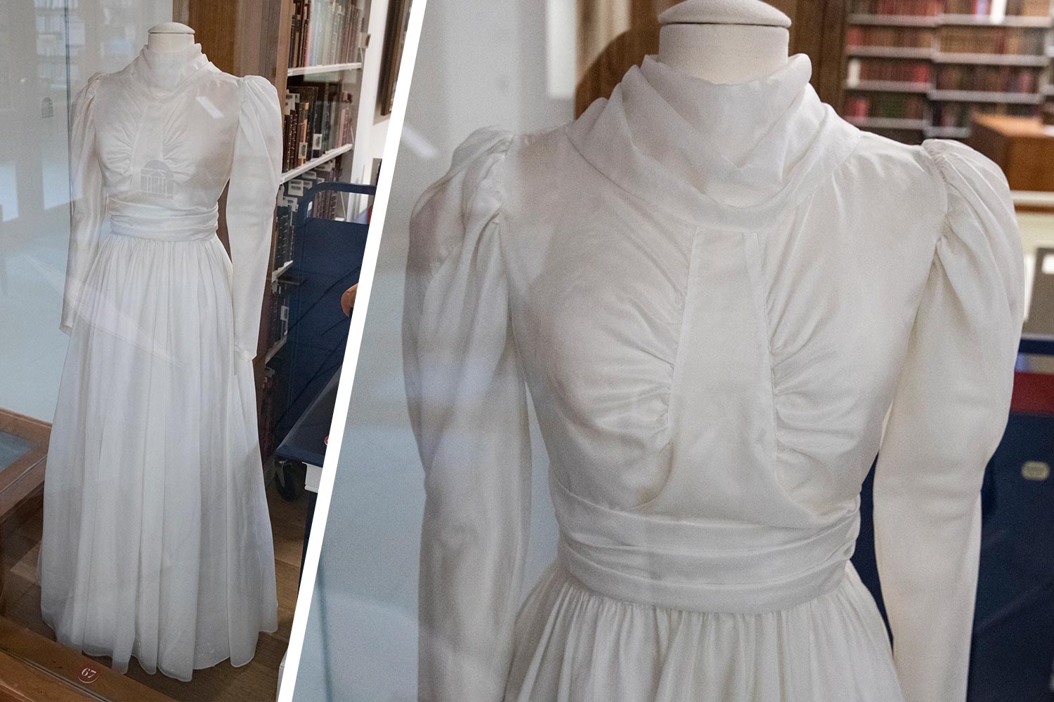 An vintage parachute wedding dress on a dress form