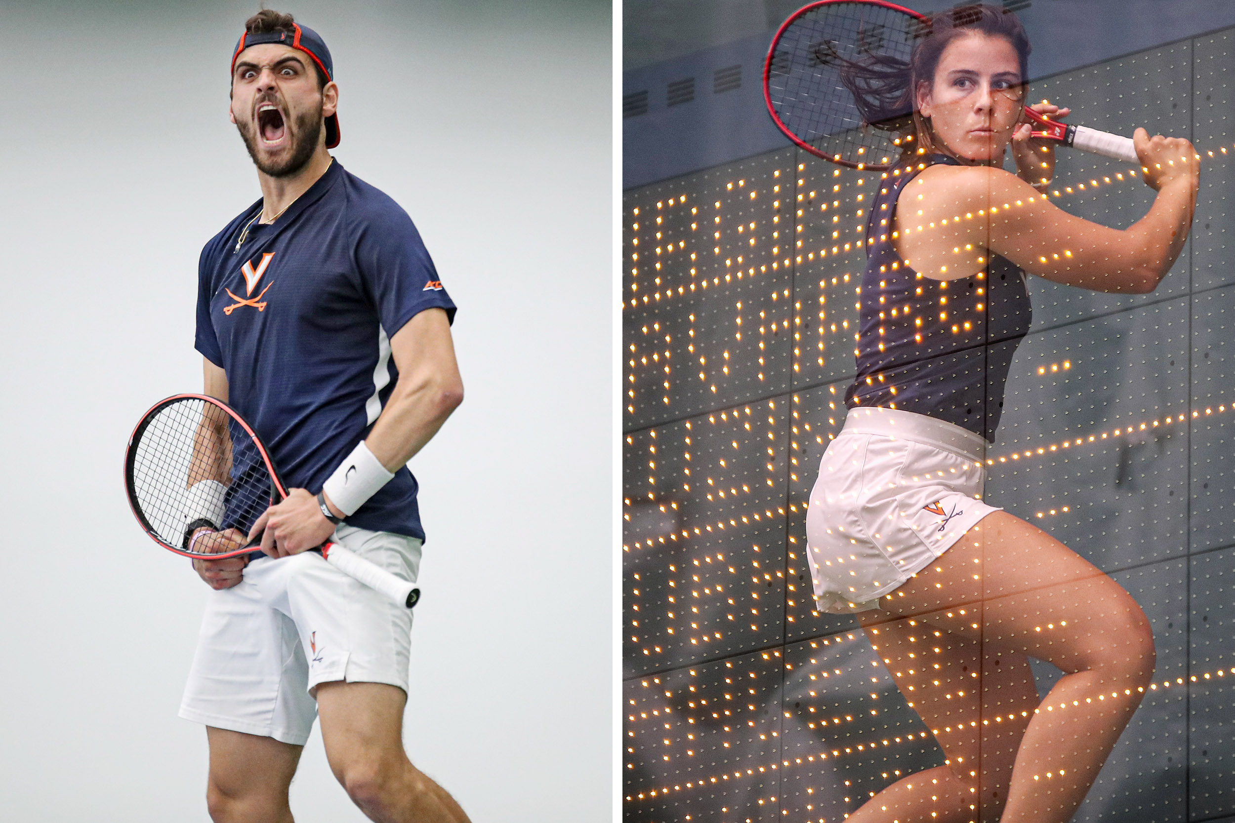 left: man holding tennis racquet yelling, right: woman preparing to swing her tennis racquet to hit a ball.