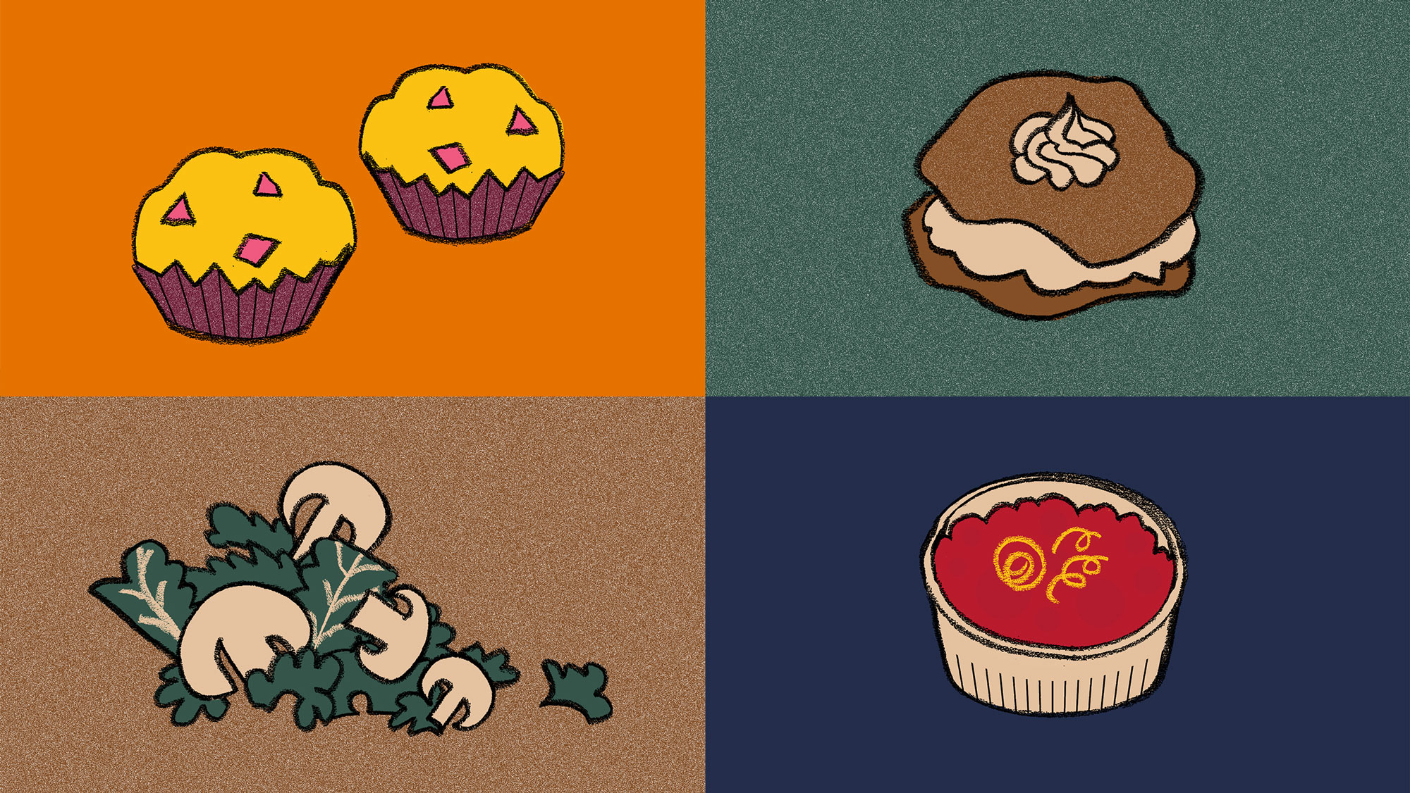 top left: two cupcakes, top right: icecream cookie, bottom left, mushroom and greens, bottom right: spaghetti