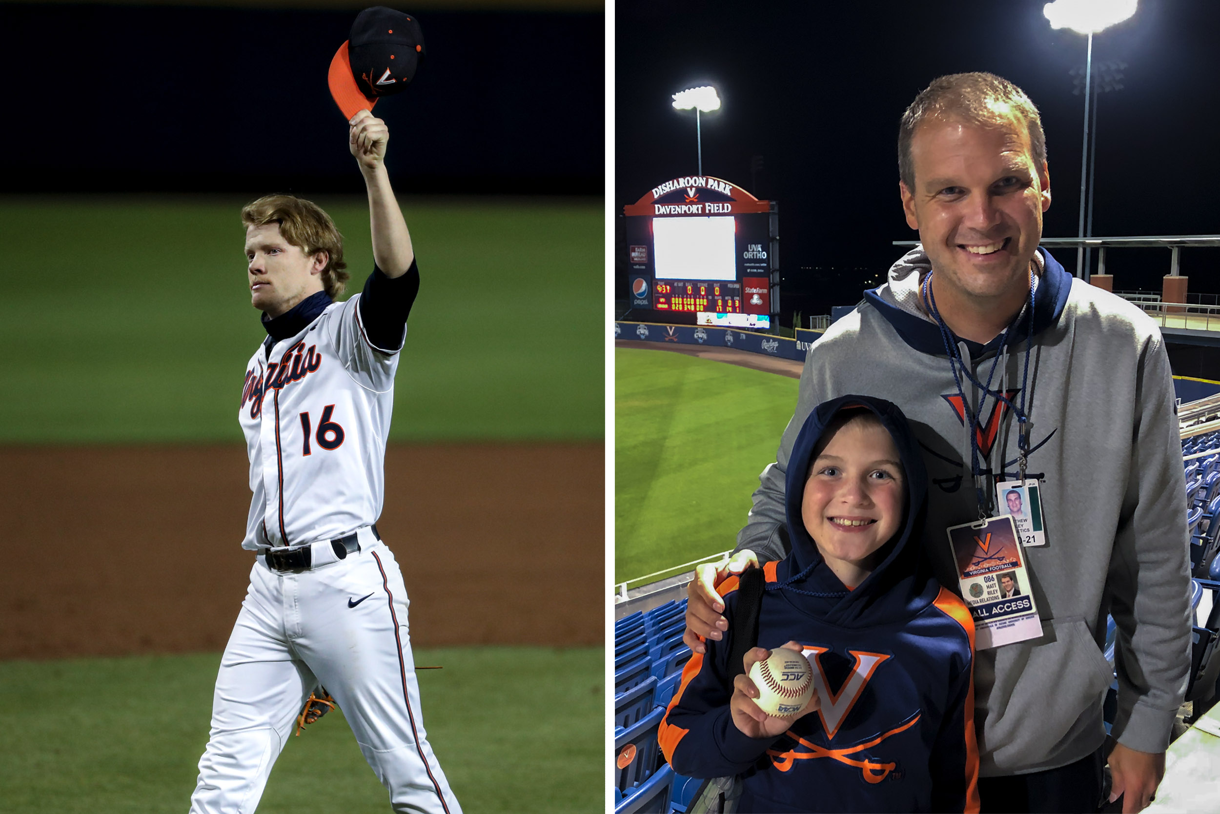 Left: UVA mens baseball player walking across field with hat raised in the air.  Right: Man with a child who is holding a baseball from the game
