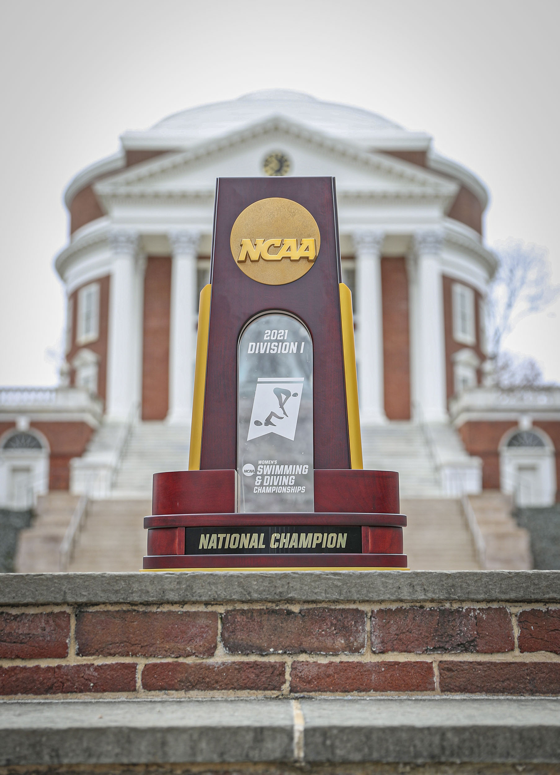 NCAA 2021 Division 1 Swimming and Diving National Championship Trophy sitting in front of the Rotunda
