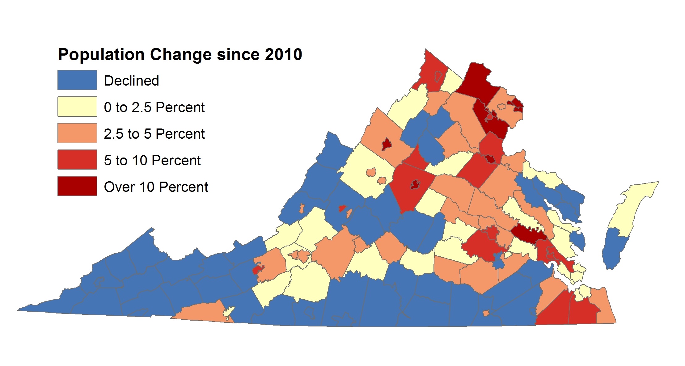 The map above highlights how different regions of Virginia have grown or declined in population over the last five years.