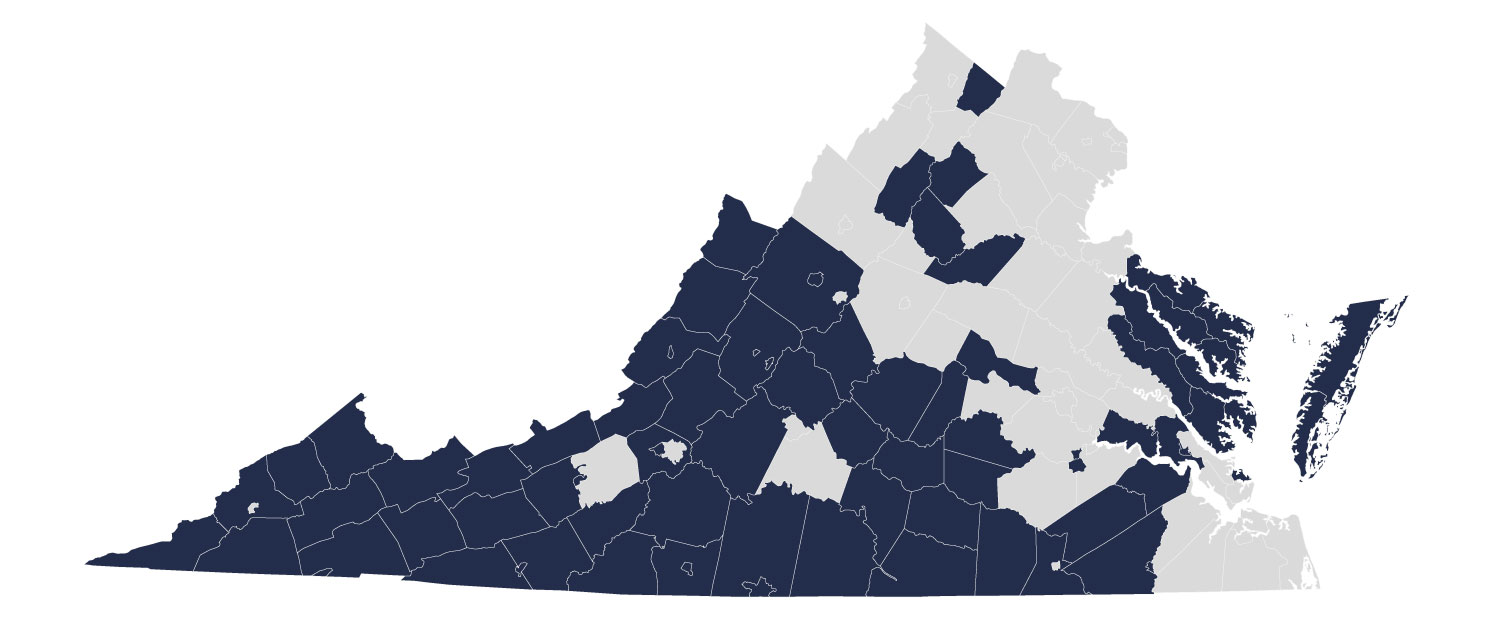 Virginia with some counties in dark blue