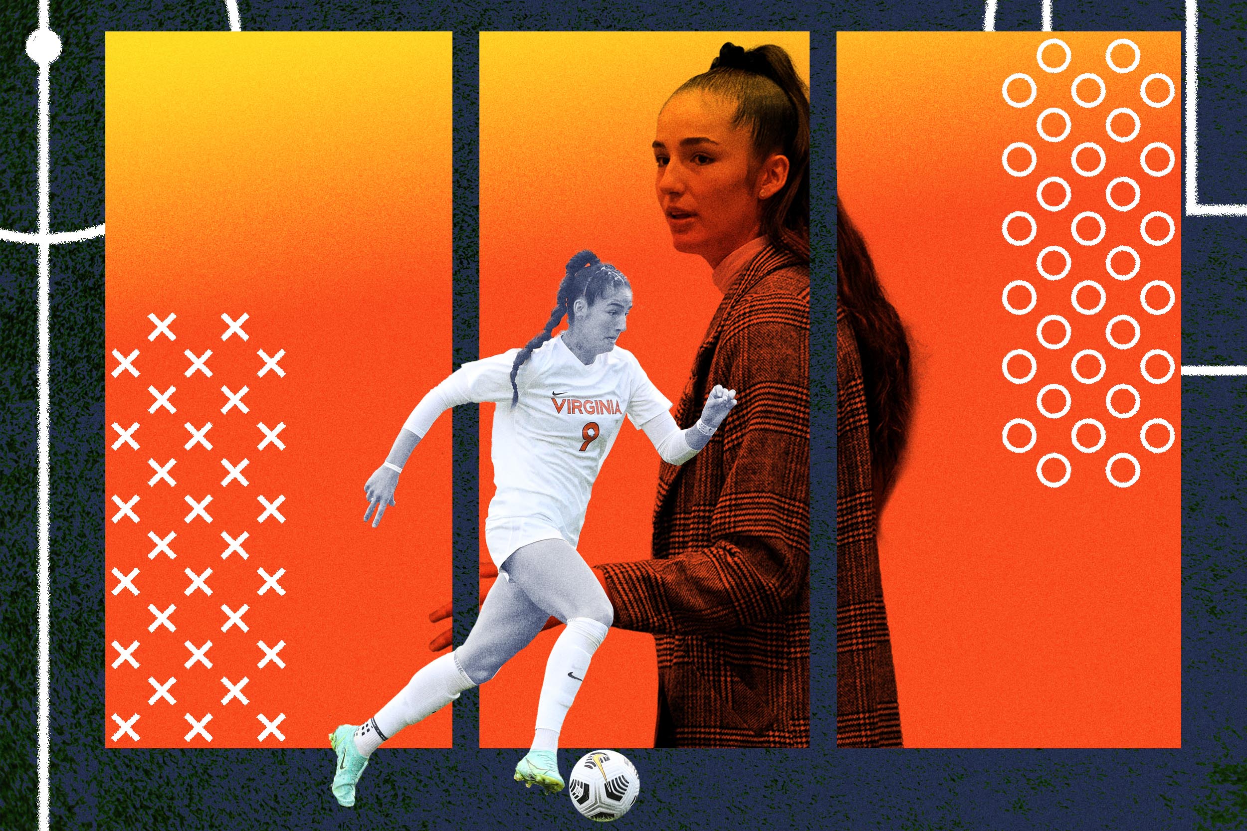 Collage of Diana Ordoñez one of her standing and one of her playing soccer
