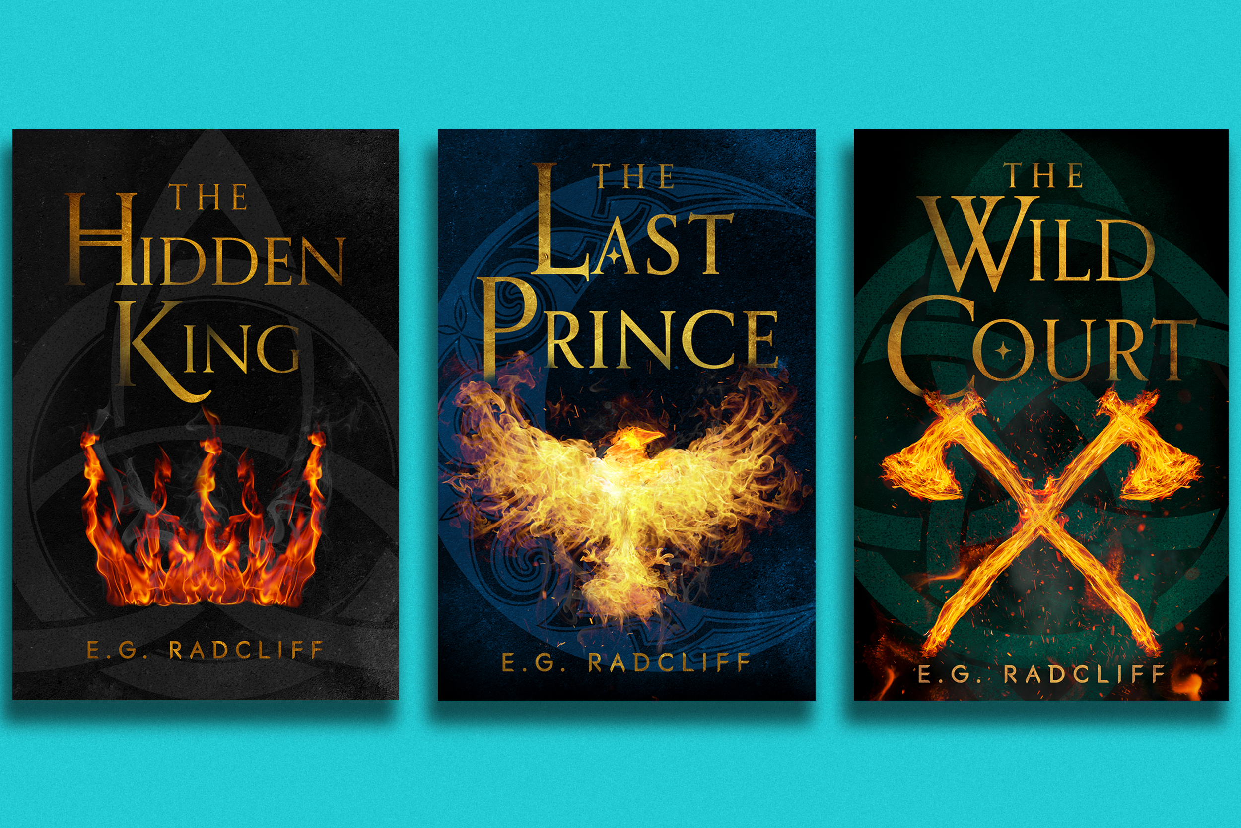 Three books by E.G. Radcliff: left to right: The Hidden King, The Last Prince, and the Wild Court
