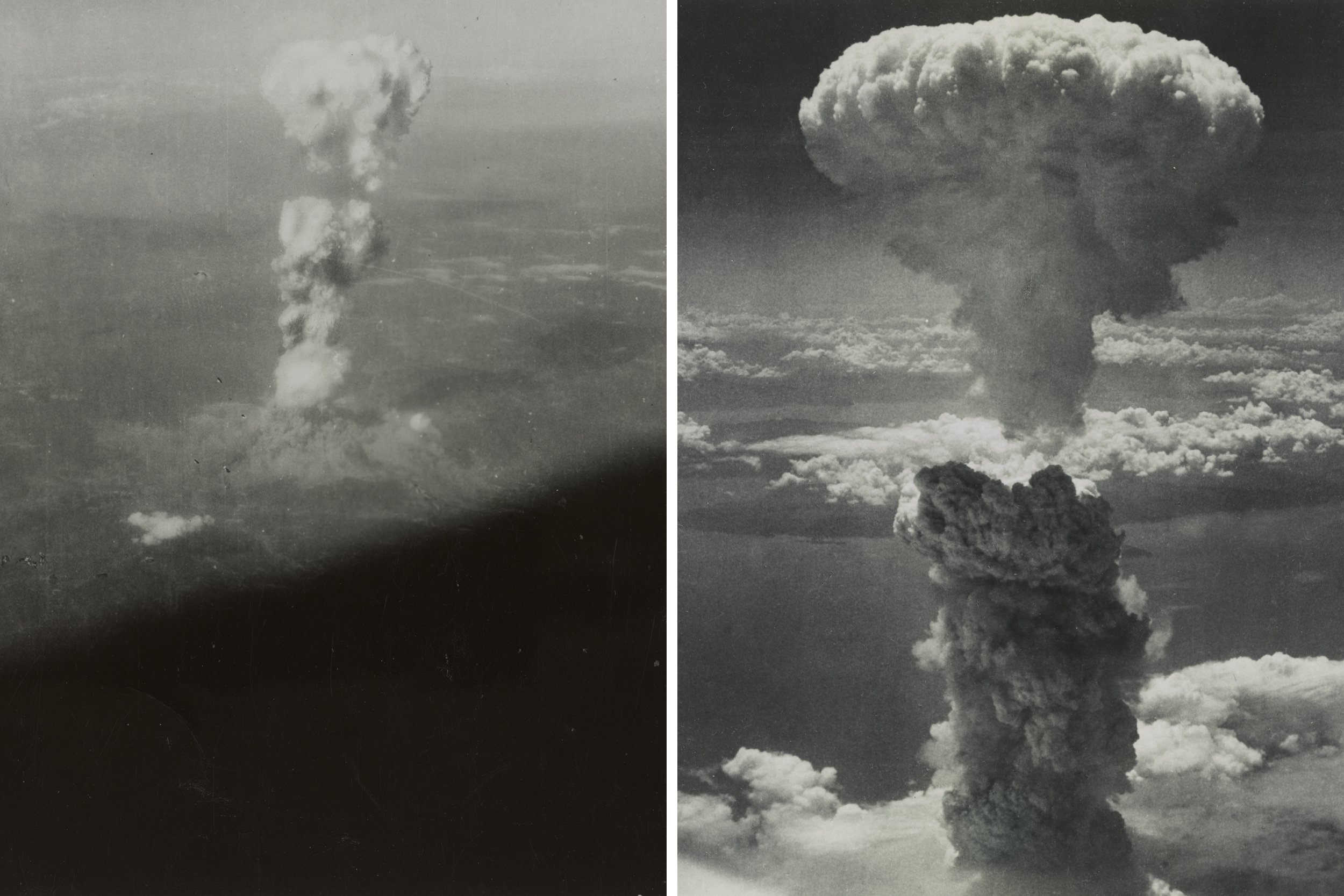 atomic bomb explosions over Hiroshima, left, and Nagasaki, right