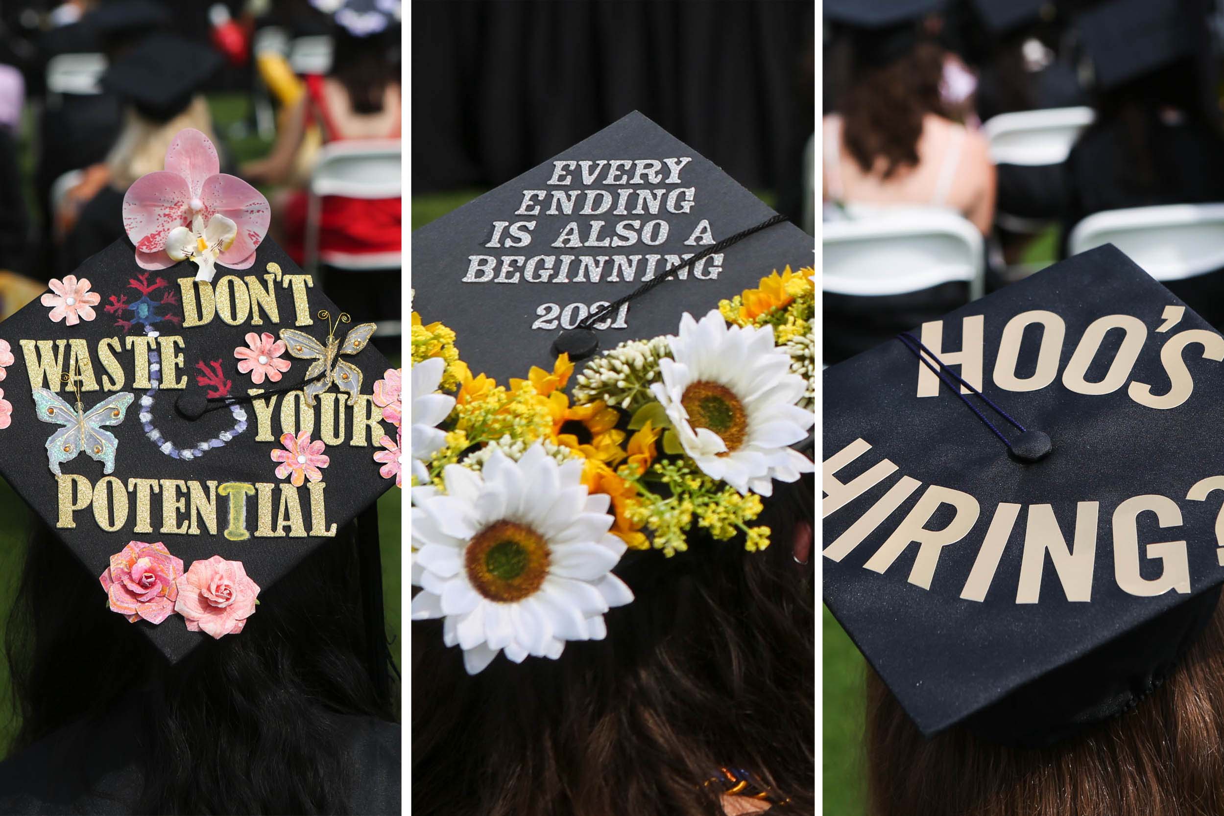 Three graduation caps that read (left to right): Don't waste your potential, Every ending is also a beginning 2021, Hoo's Hiring?