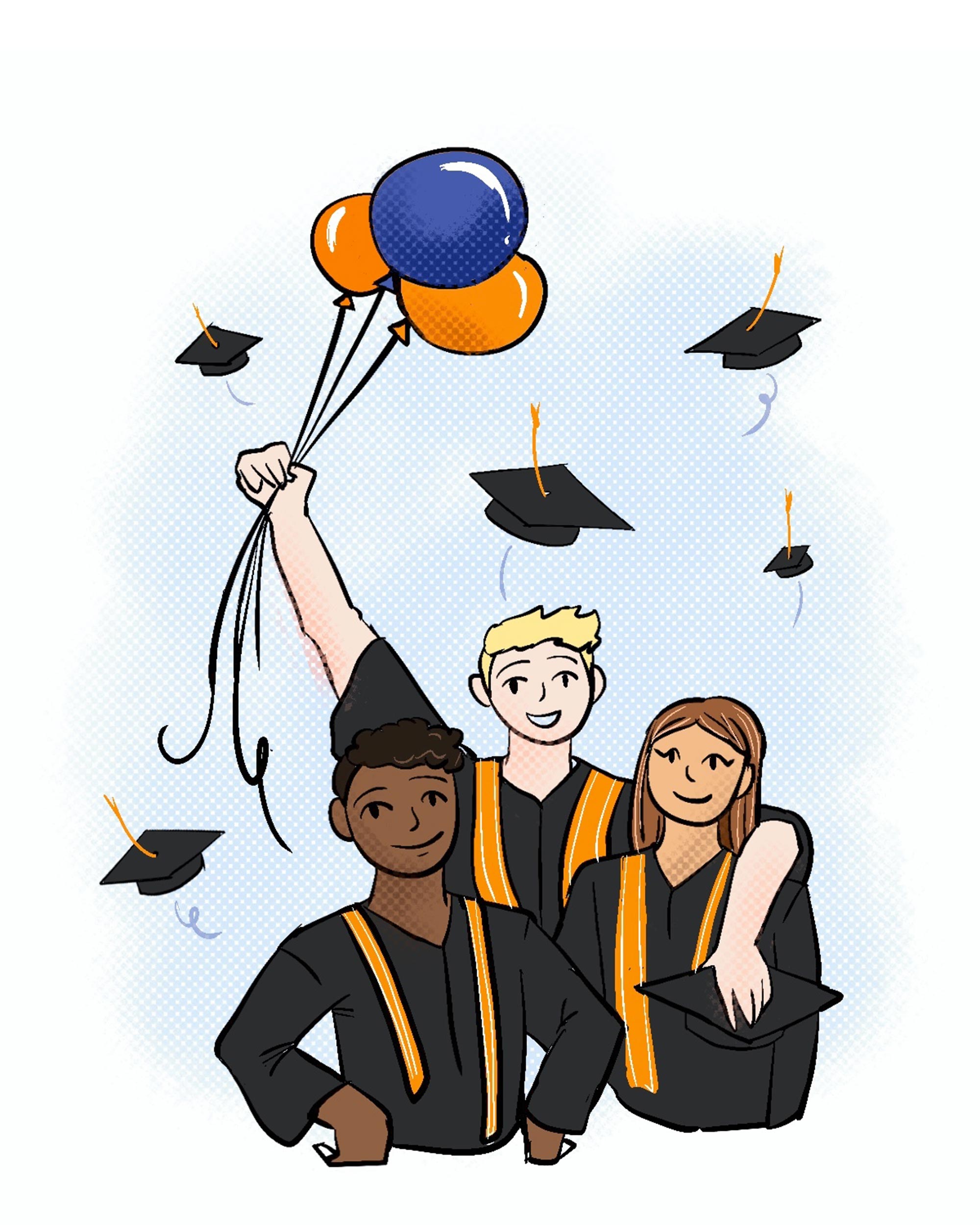 Illustration of three graduates celebrating together with balloons in hand and caps in the air
