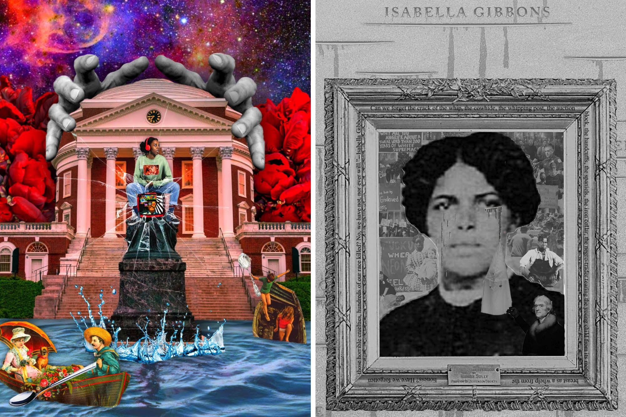 left, African American woman sitting on a statue in front of the Rotunda  that has hands on it with a space sky.  Portrait of Isabella Gibbons, right