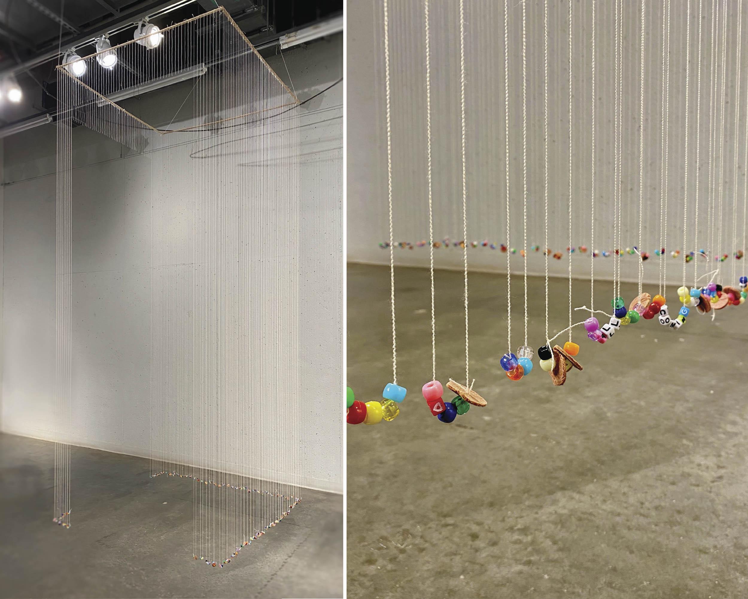 left: Long strings hanging from the ceiling with rocks on the bottom of the strings.  Right: up close picture of the multicolored rocks that are tied to the strings