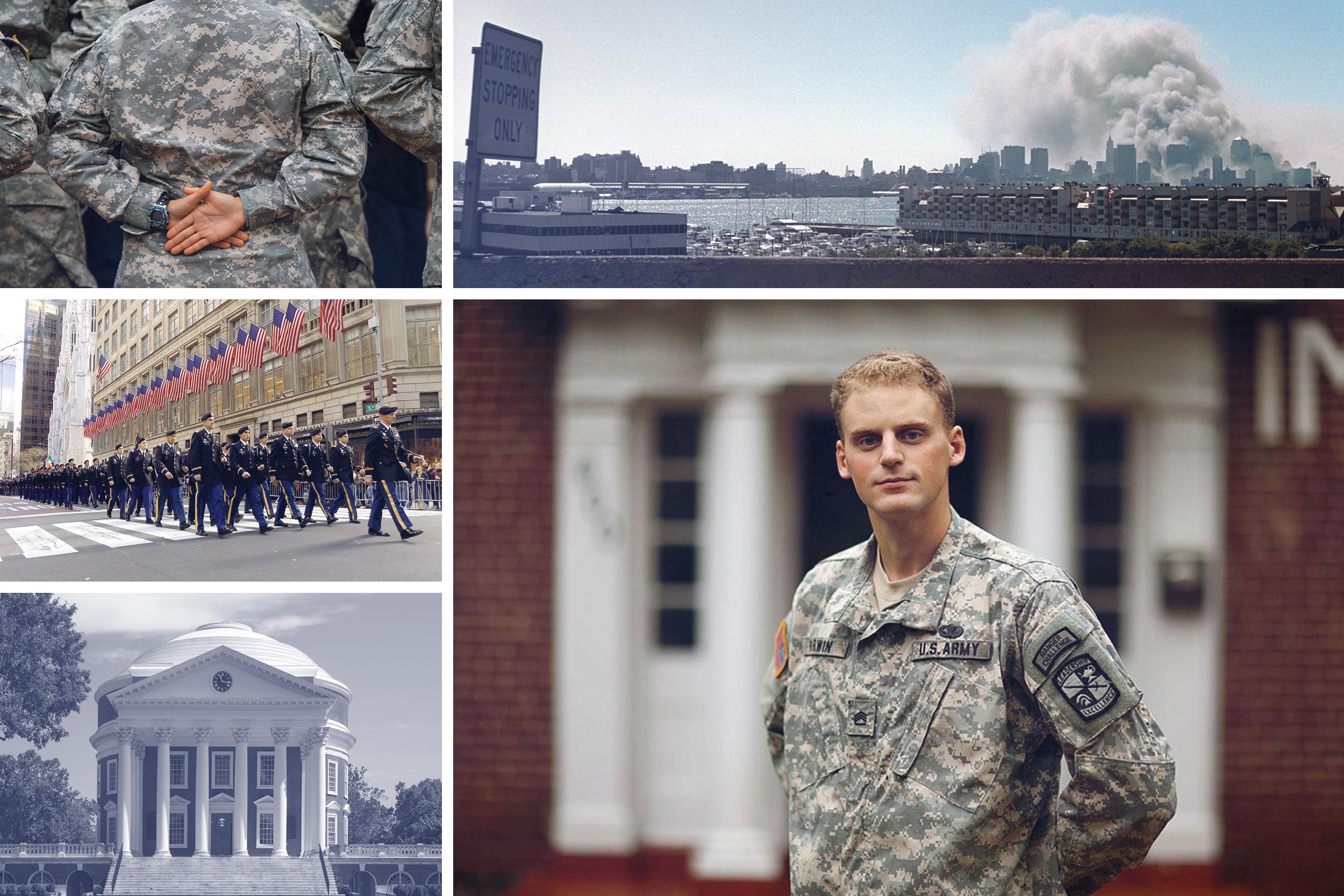 Collage of photos: top left:  service members in formation at ease middle left: 69th infantry walking down New yorks streets bottom left: Rotunda top right: smoke from the Twin Towers bottom right: US service man looking at the camera