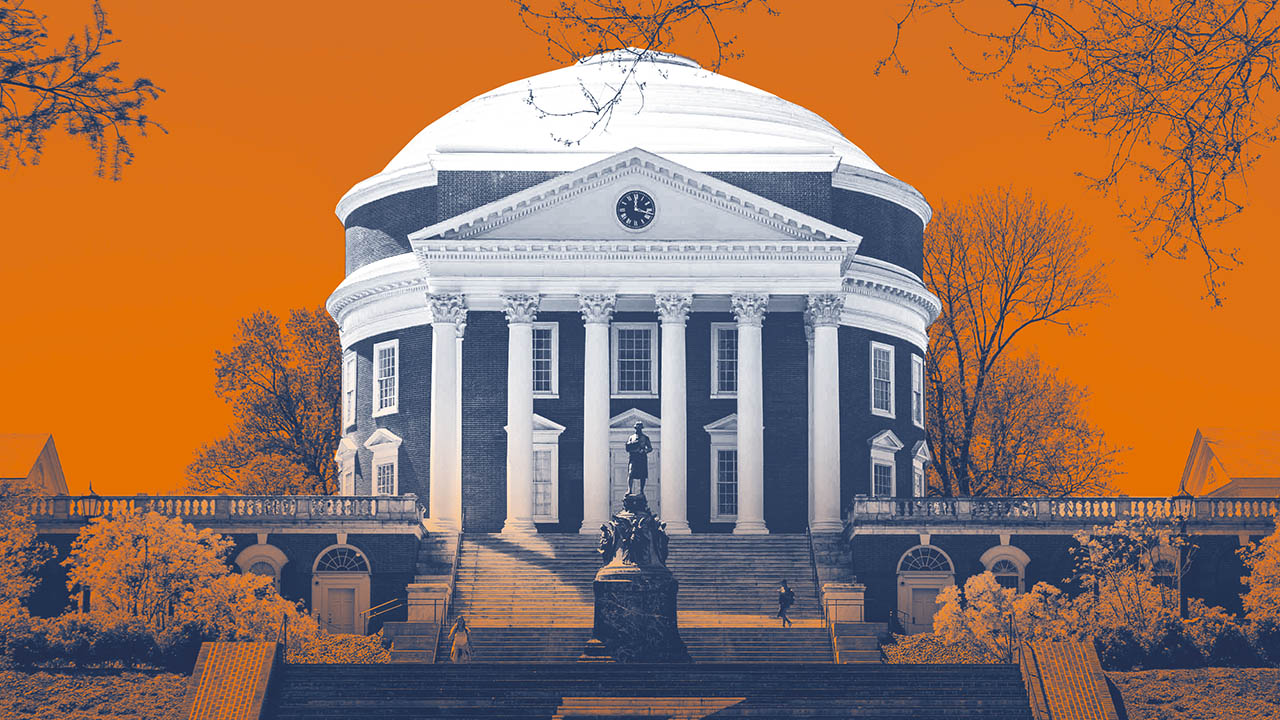 Orange and blue illustration of the front of the Rotunda